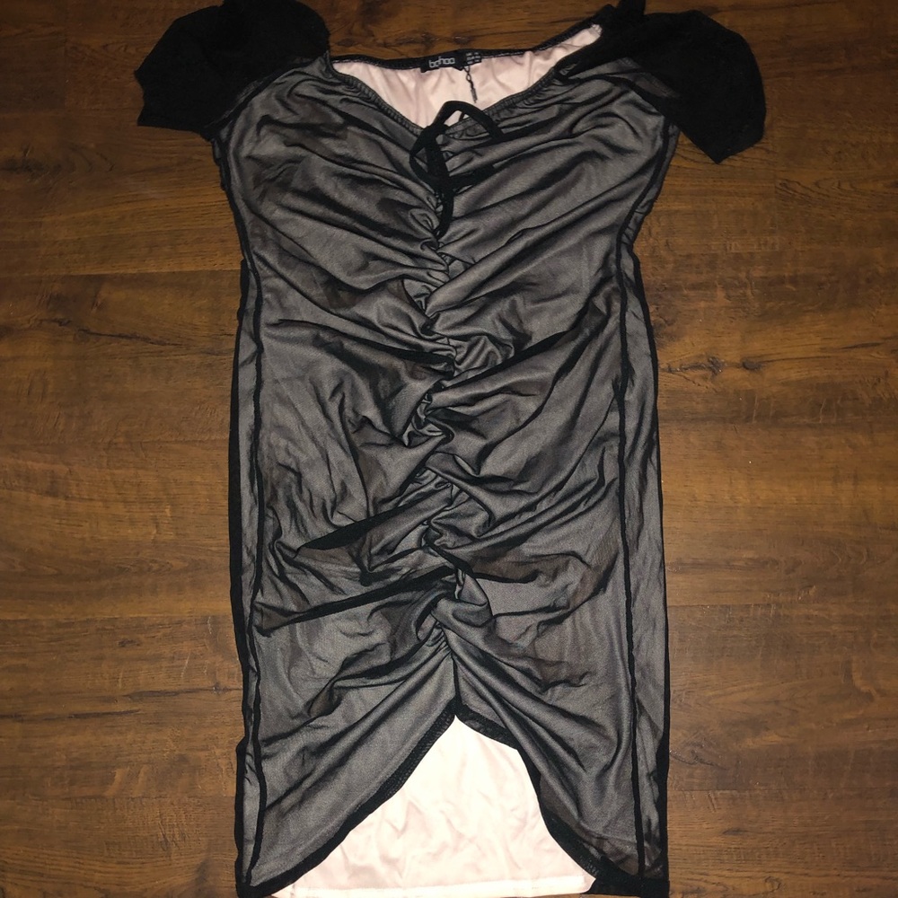 Boohoo black mesh off the shoulder ruched dress